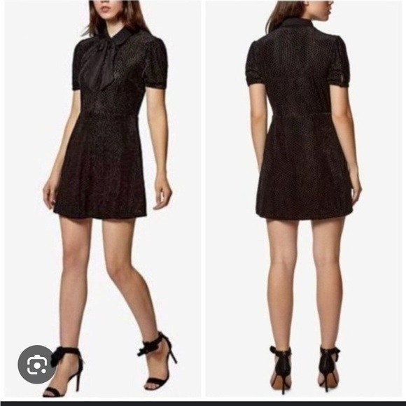 Avec Les Filles Black Puff Sleeve Mini Dress velour dots - Picture 1 of 9